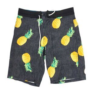 Old Navy California Board Shorts Men Boys Size 28x10 Black Swim Trunks Pineapple